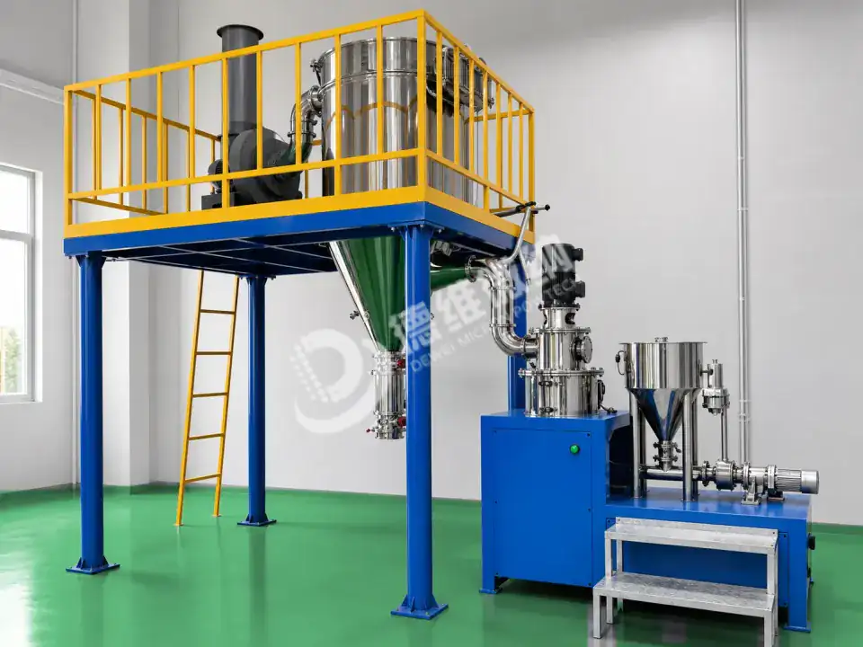 德维微纳DWQ系列流化床气流粉碎机主机近景，集粉碎、分级与收集于一体
